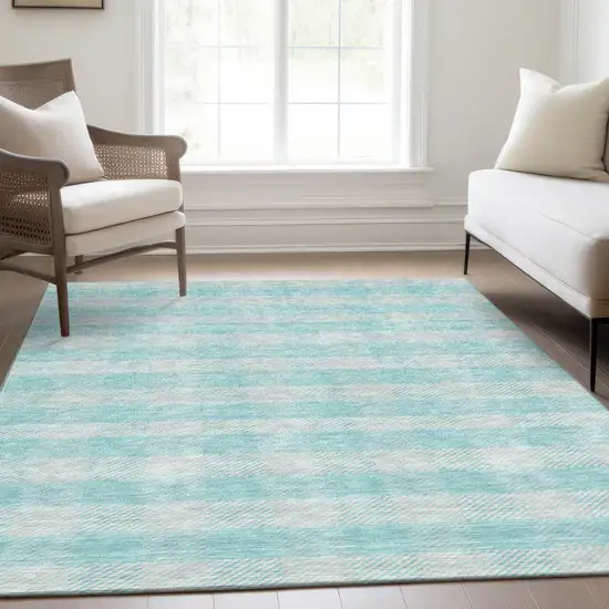 Aqua And Ivory Plaid Washable Area Rug With UV Protection Photo 4