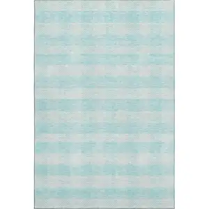 Photo of Aqua And Ivory Plaid Washable Area Rug With UV Protection