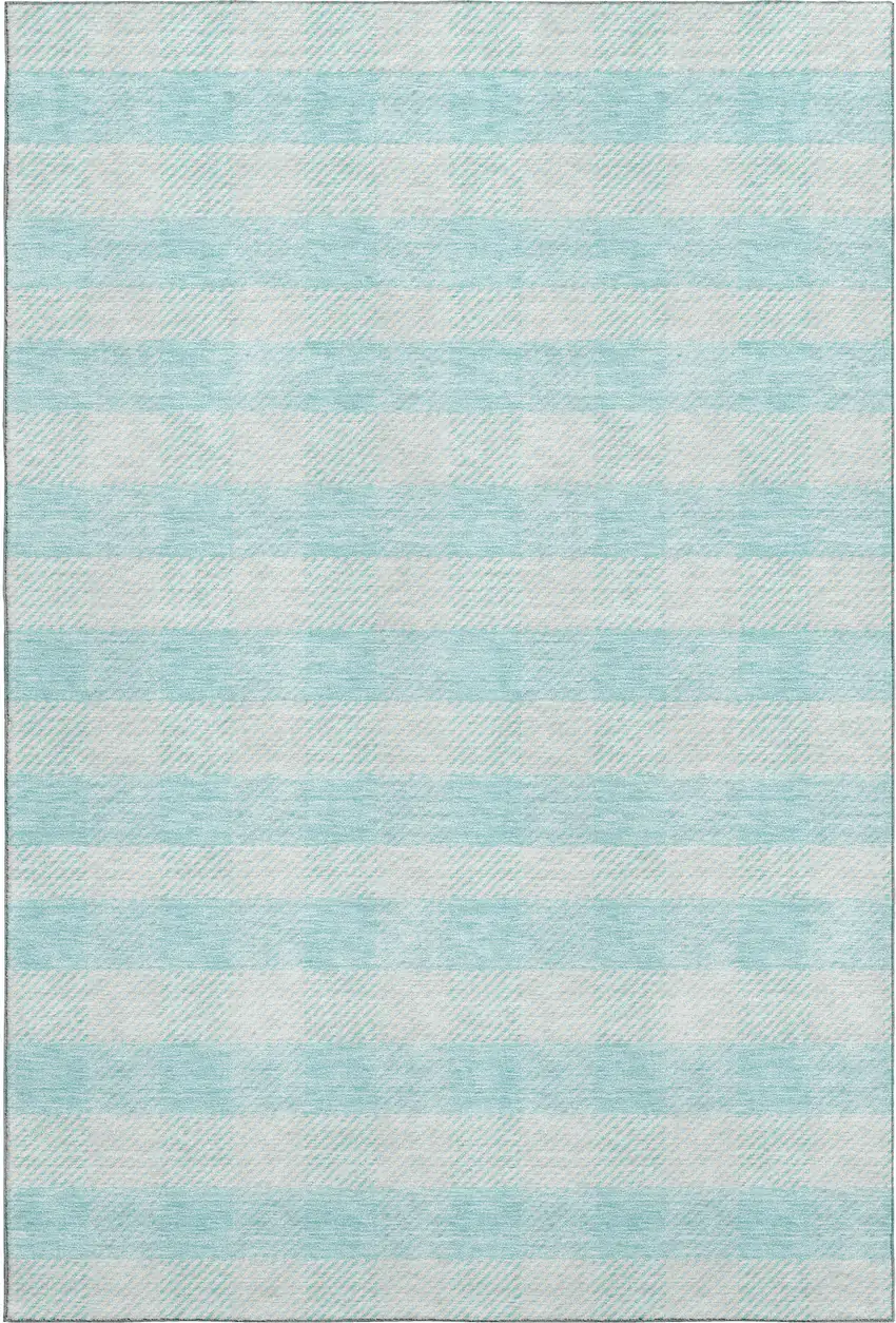 Aqua And Ivory Plaid Washable Area Rug With UV Protection Photo 1