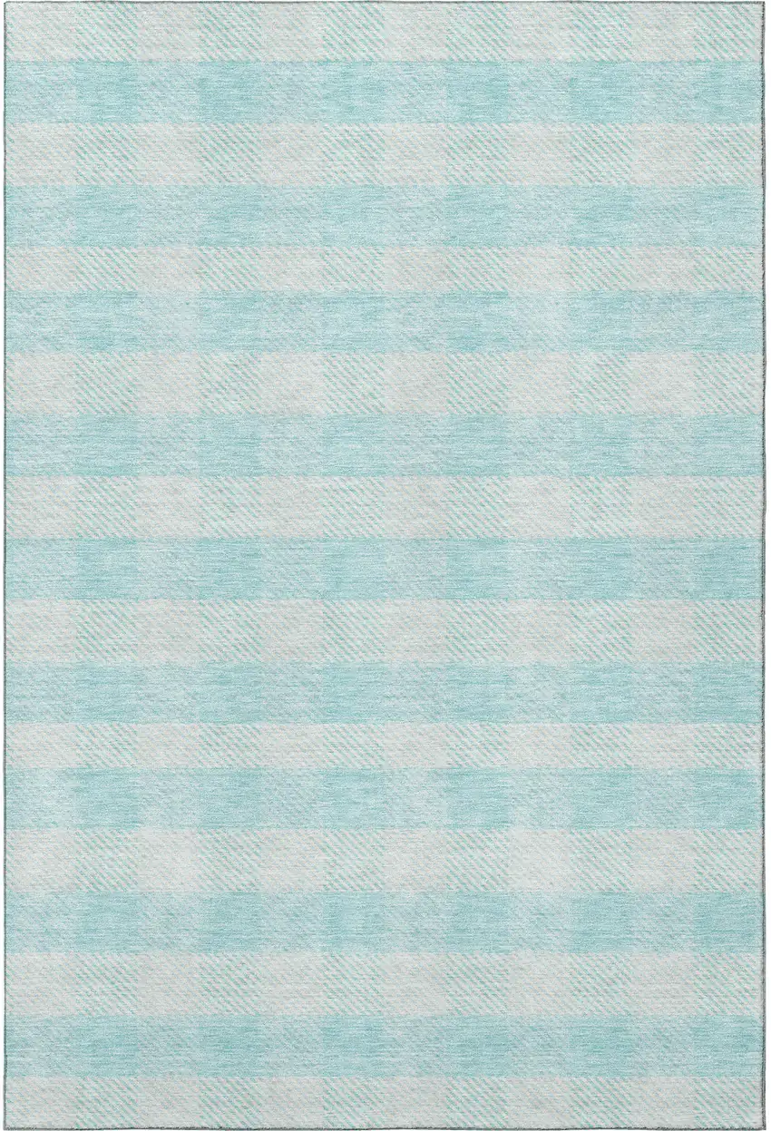 Aqua And Ivory Plaid Washable Area Rug With UV Protection Photo 3
