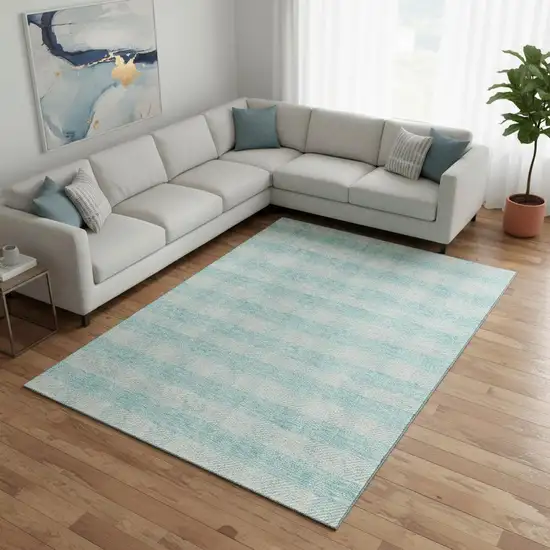 Aqua And Ivory Plaid Washable Area Rug With UV Protection Photo 2