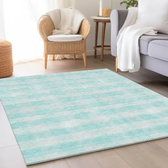 Aqua And Ivory Plaid Washable Area Rug With UV Protection Photo 4