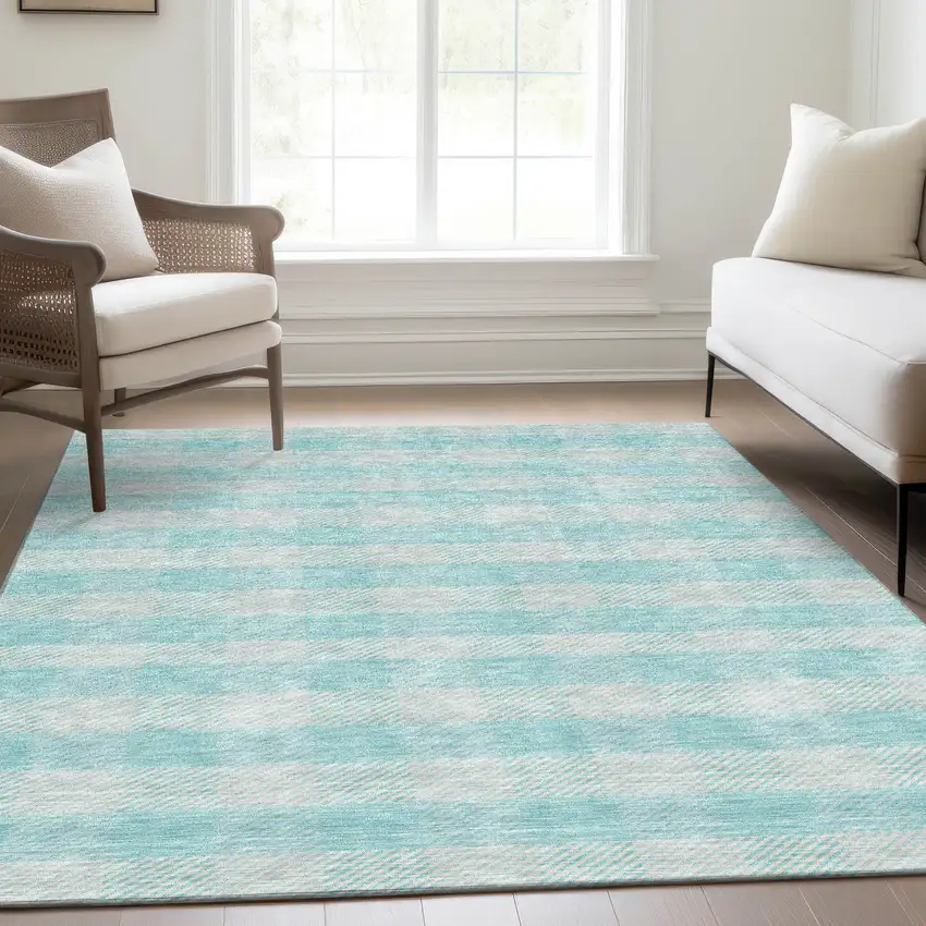 Aqua And Ivory Plaid Washable Area Rug With UV Protection Photo 5