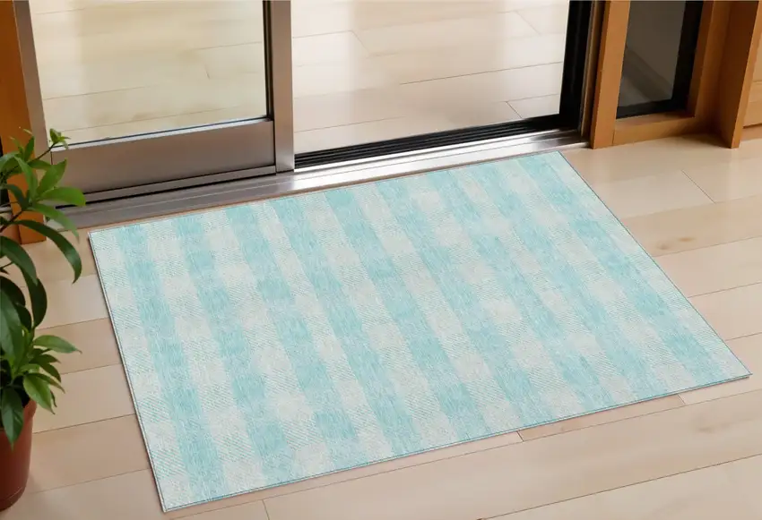 Aqua And Ivory Plaid Washable Indoor Outdoor Area Rug Photo 1