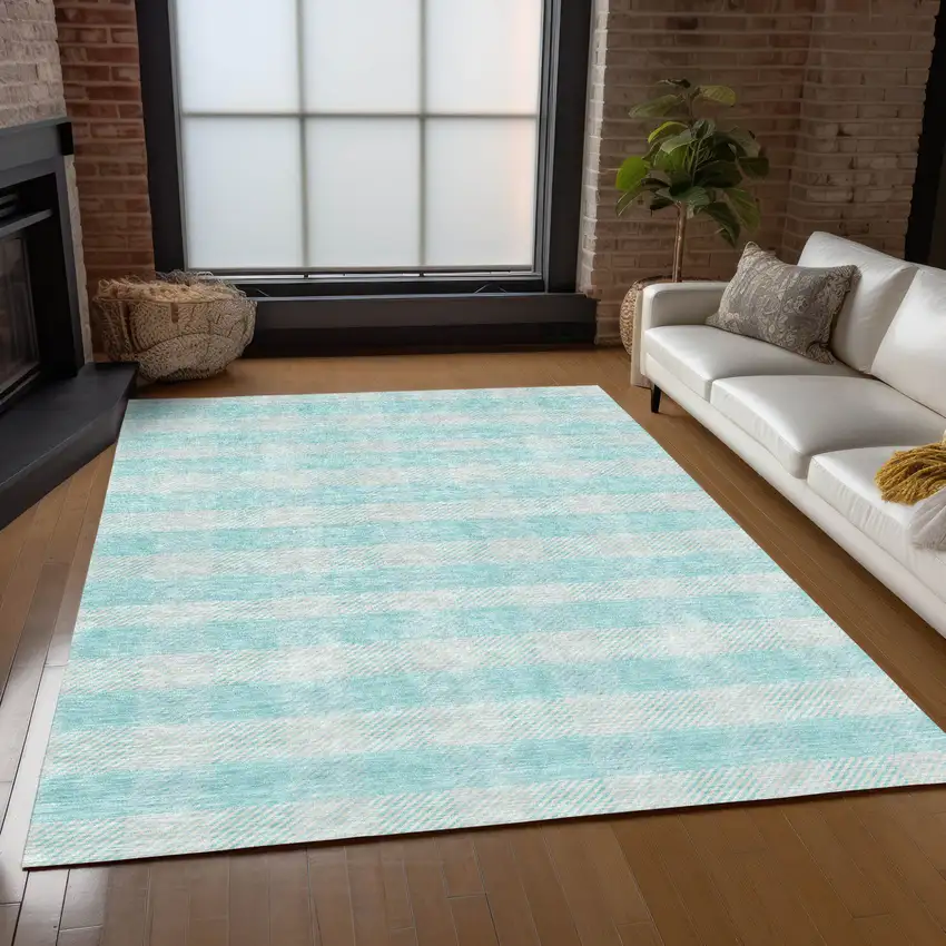 Aqua And Ivory Plaid Washable Indoor Outdoor Area Rug Photo 9