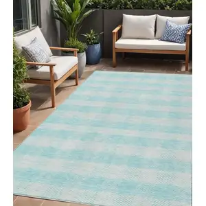 Photo of Aqua And Ivory Plaid Washable Indoor Outdoor Area Rug