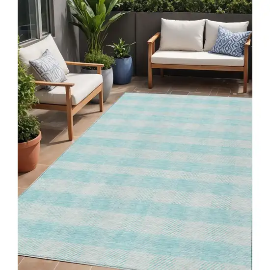 Aqua And Ivory Plaid Washable Indoor Outdoor Area Rug Photo 1