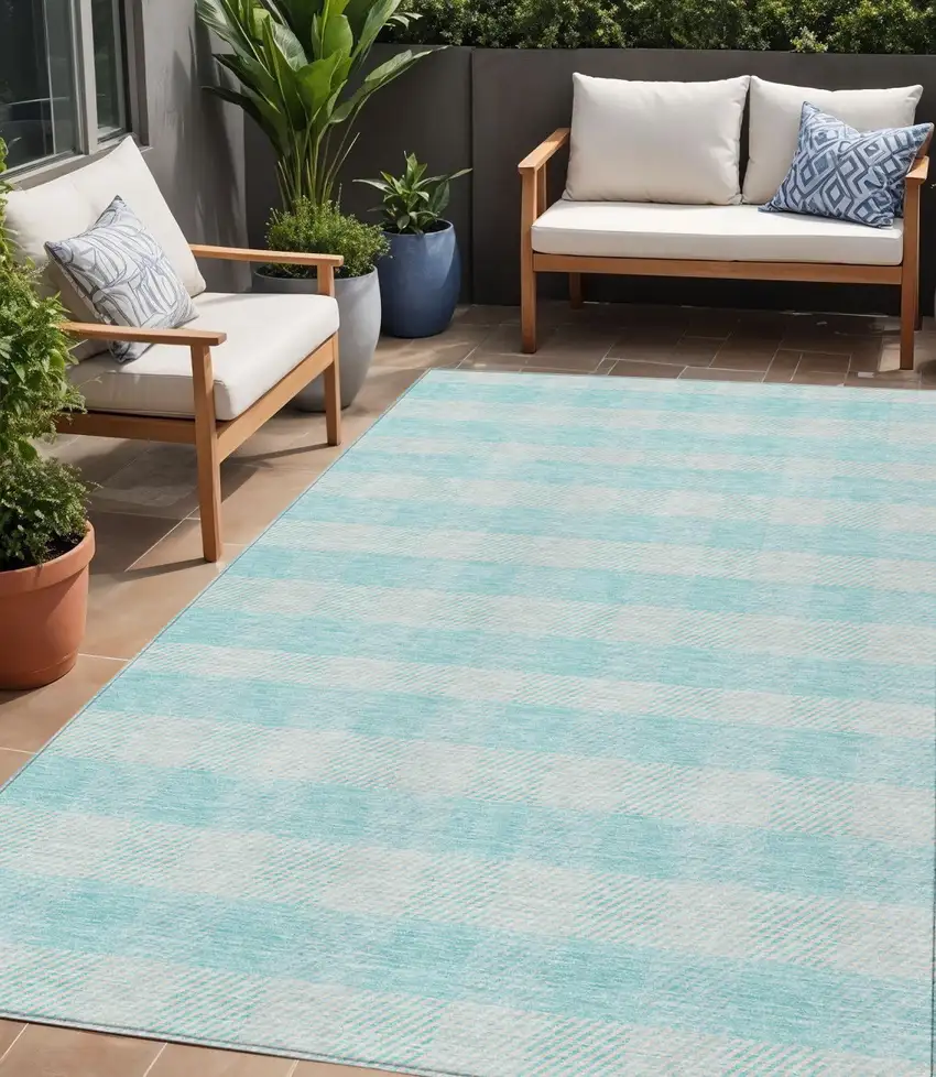 Aqua And Ivory Plaid Washable Indoor Outdoor Area Rug Photo 1