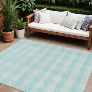 Photo of Aqua And Ivory Plaid Washable Indoor Outdoor Area Rug