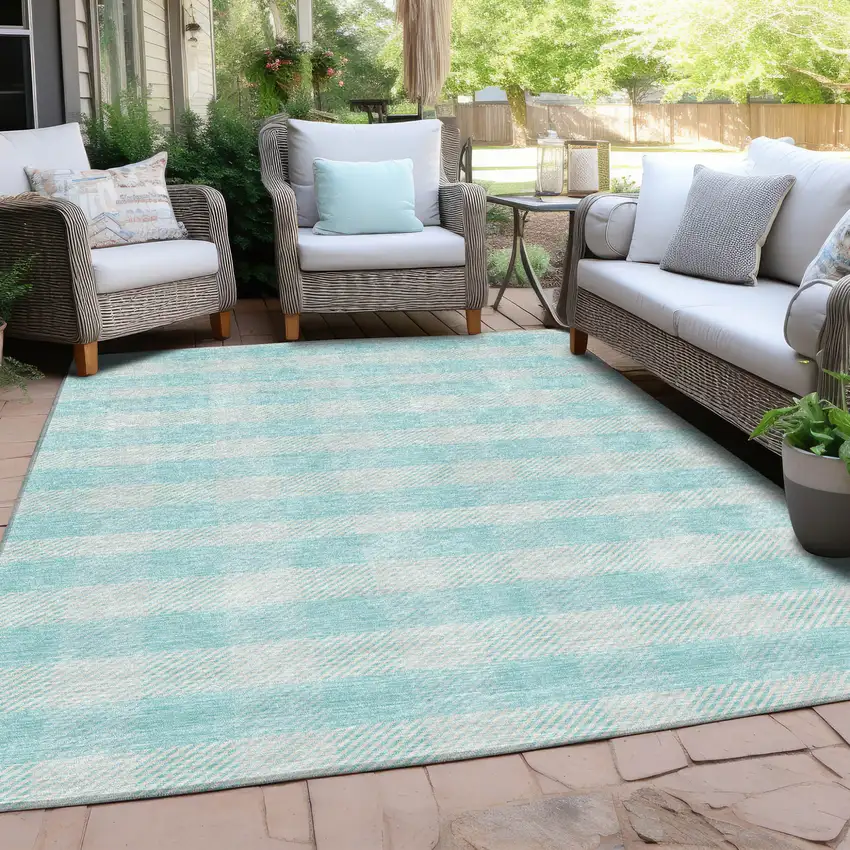 Aqua And Ivory Plaid Washable Indoor Outdoor Area Rug Photo 8