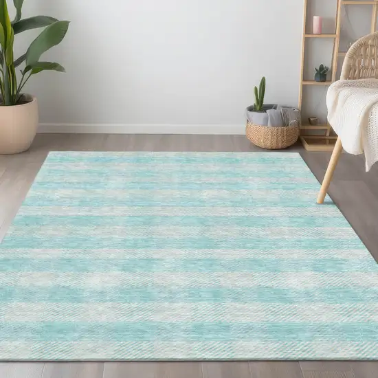 Aqua And Ivory Plaid Washable Indoor Outdoor Area Rug Photo 9