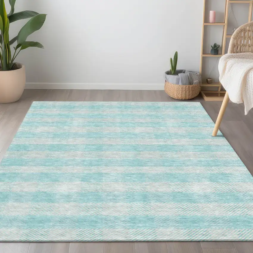 Aqua And Ivory Plaid Washable Indoor Outdoor Area Rug Photo 9