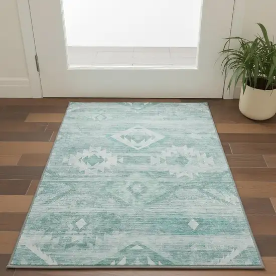 Aqua And Ivory Southwestern Washable Area Rug With UV Protection Photo 2
