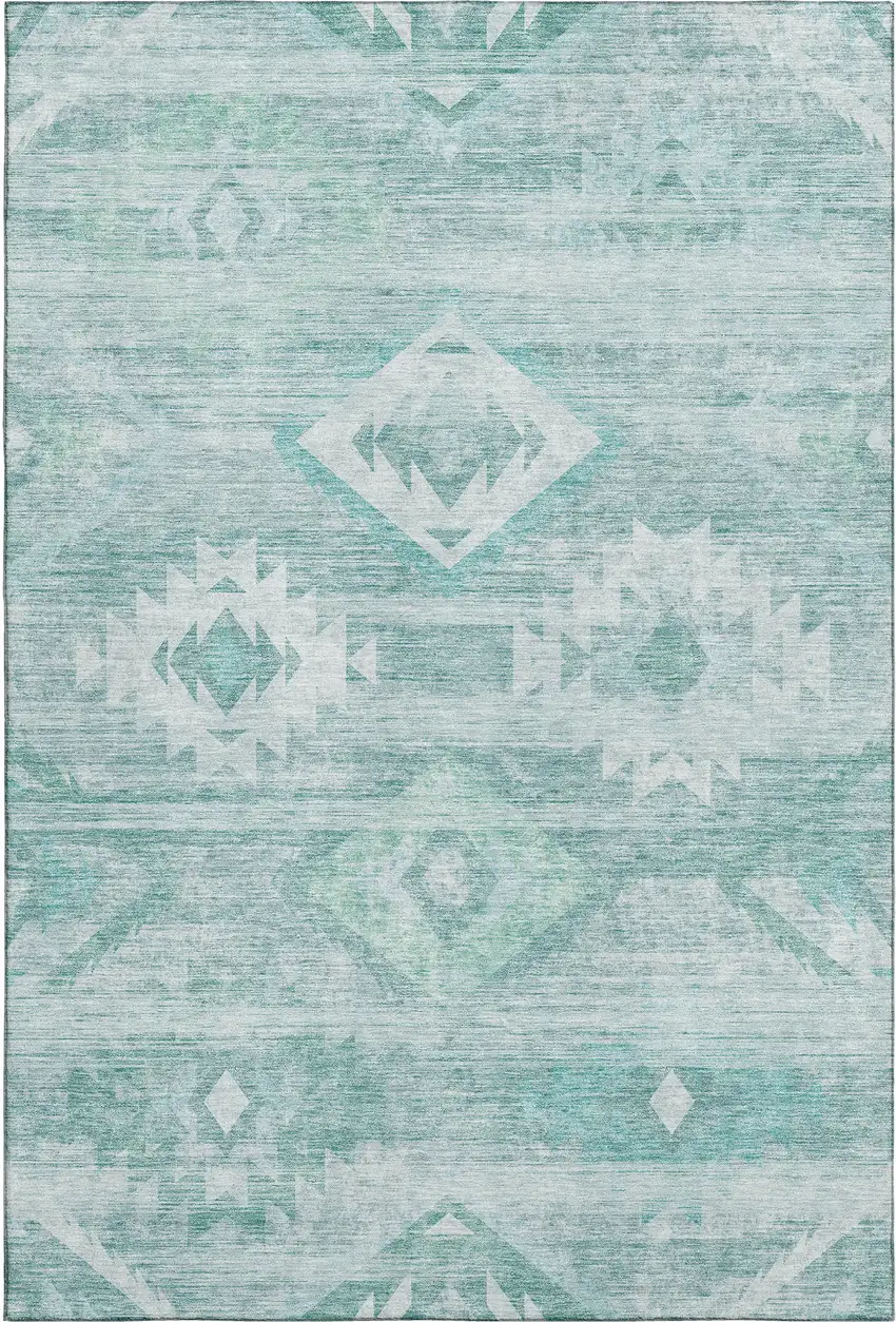 Aqua And Ivory Southwestern Washable Area Rug With UV Protection Photo 1