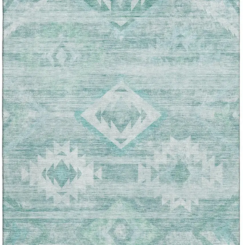 Aqua And Ivory Southwestern Washable Area Rug With UV Protection Photo 4