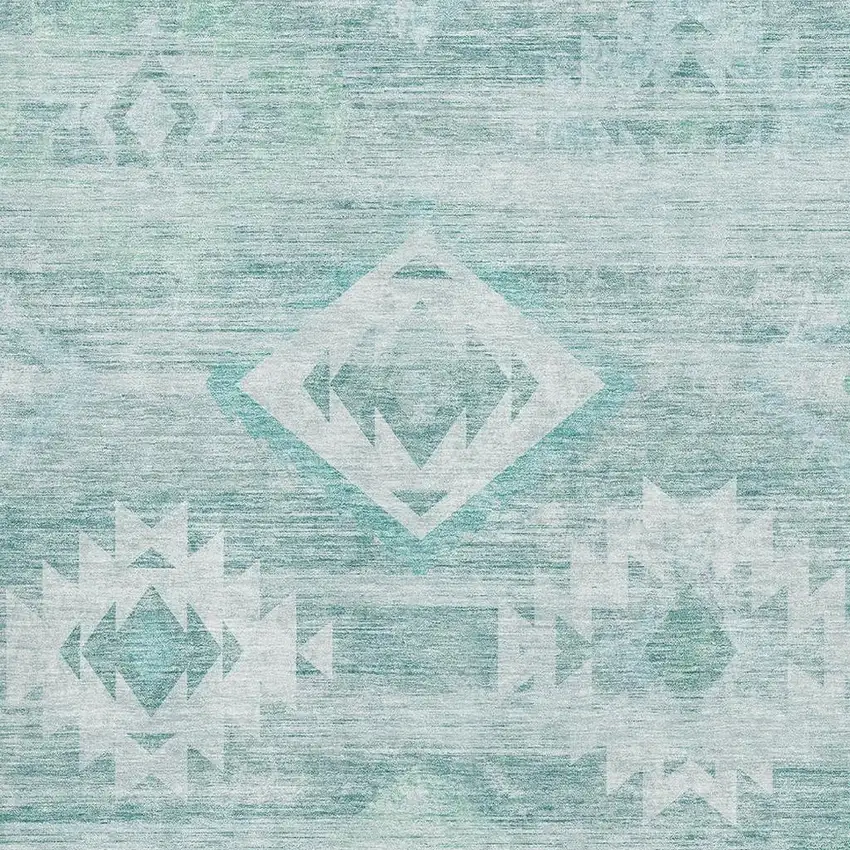 Aqua And Ivory Southwestern Washable Area Rug With UV Protection Photo 3