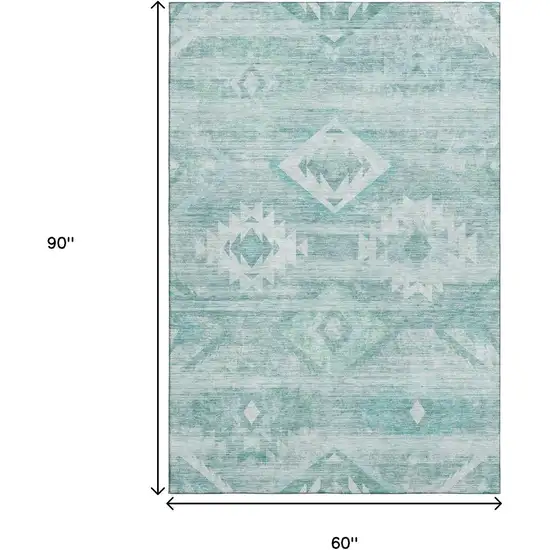 Aqua And Ivory Southwestern Washable Area Rug With UV Protection Photo 3