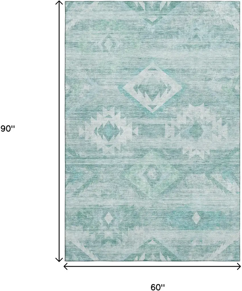 Aqua And Ivory Southwestern Washable Area Rug With UV Protection Photo 3