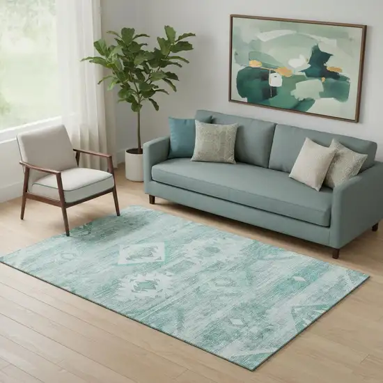 Aqua And Ivory Southwestern Washable Area Rug With UV Protection Photo 1