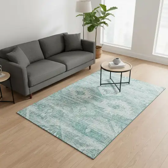 Aqua And Ivory Southwestern Washable Area Rug With UV Protection Photo 2