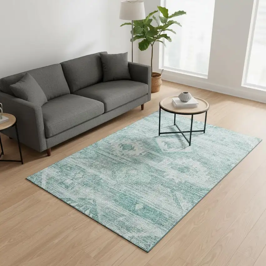 Aqua And Ivory Southwestern Washable Area Rug With UV Protection Photo 2