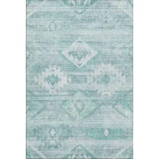 Aqua And Ivory Southwestern Washable Area Rug With UV Protection Photo 1