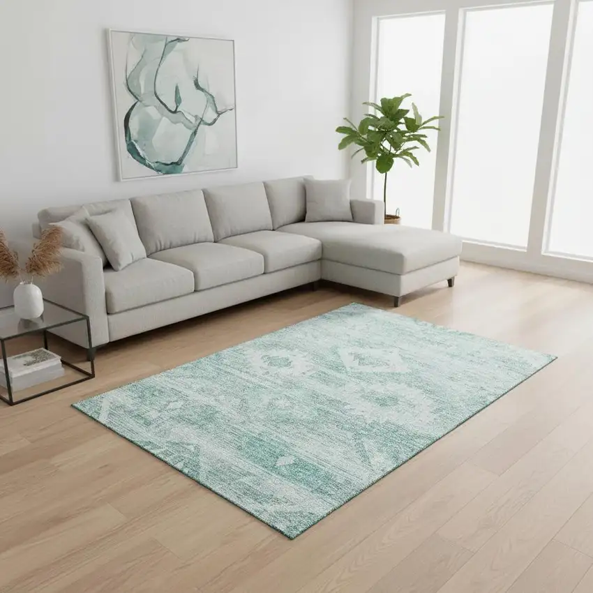 Aqua And Ivory Southwestern Washable Area Rug With UV Protection Photo 2
