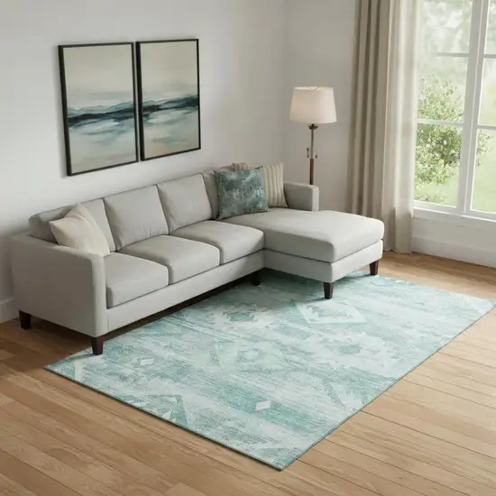 Aqua And Ivory Southwestern Washable Area Rug With UV Protection Photo 1