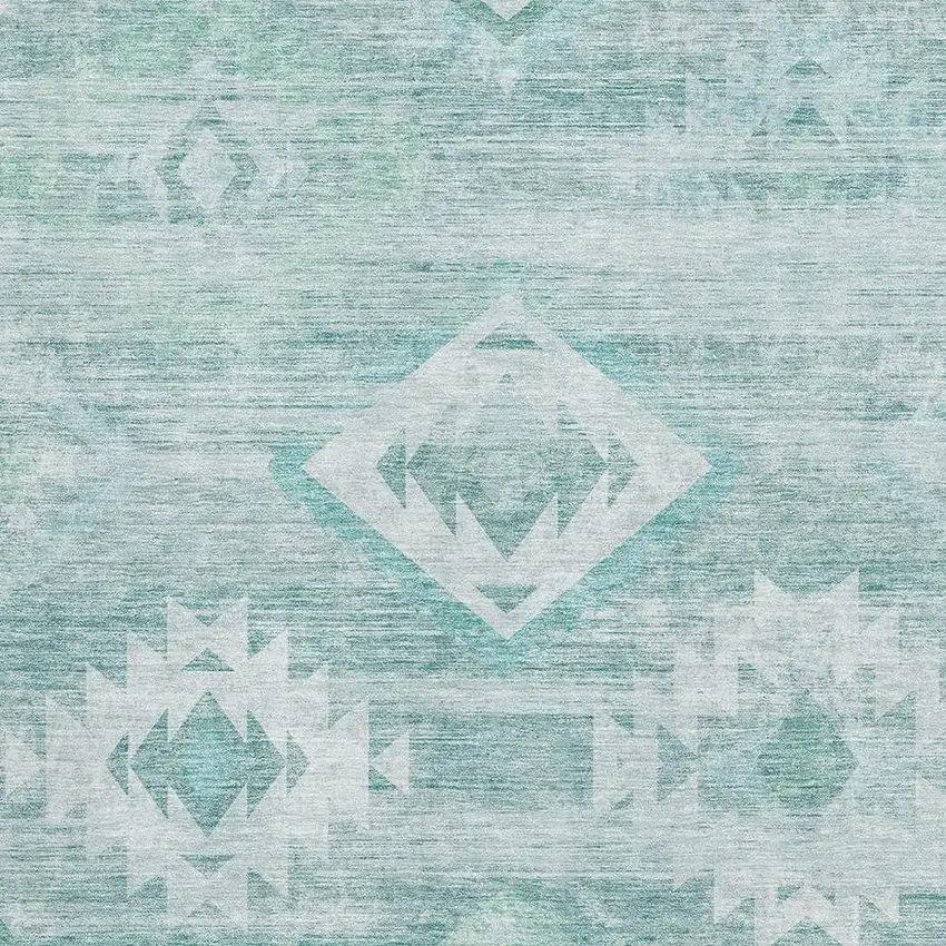 Aqua And Ivory Southwestern Washable Area Rug With UV Protection Photo 3