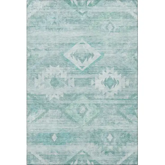 Aqua And Ivory Southwestern Washable Area Rug With UV Protection Photo 4