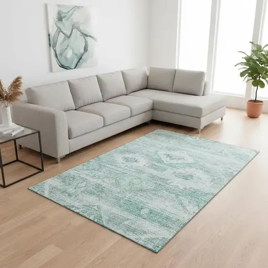 Aqua And Ivory Southwestern Washable Area Rug With UV Protection Photo 2
