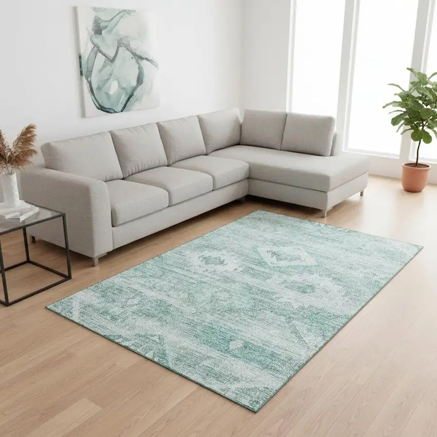 Aqua And Ivory Southwestern Washable Area Rug With UV Protection Photo 2