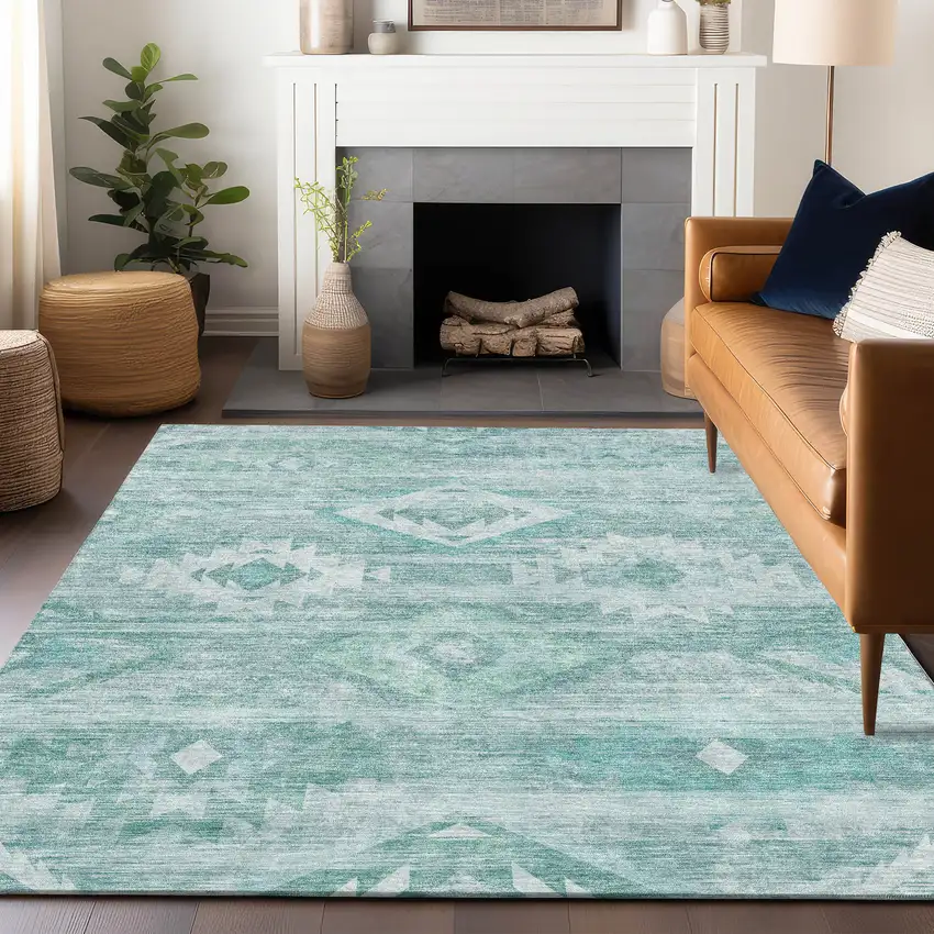 Aqua And Ivory Southwestern Washable Area Rug With UV Protection Photo 6