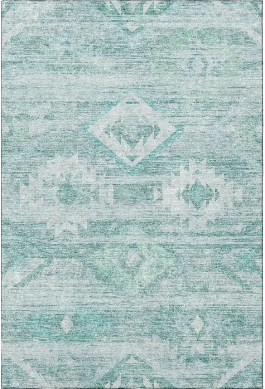 Aqua And Ivory Southwestern Washable Area Rug With UV Protection Photo 4