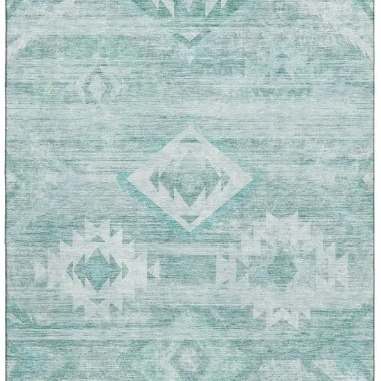 Aqua And Ivory Southwestern Washable Area Rug With UV Protection Photo 3