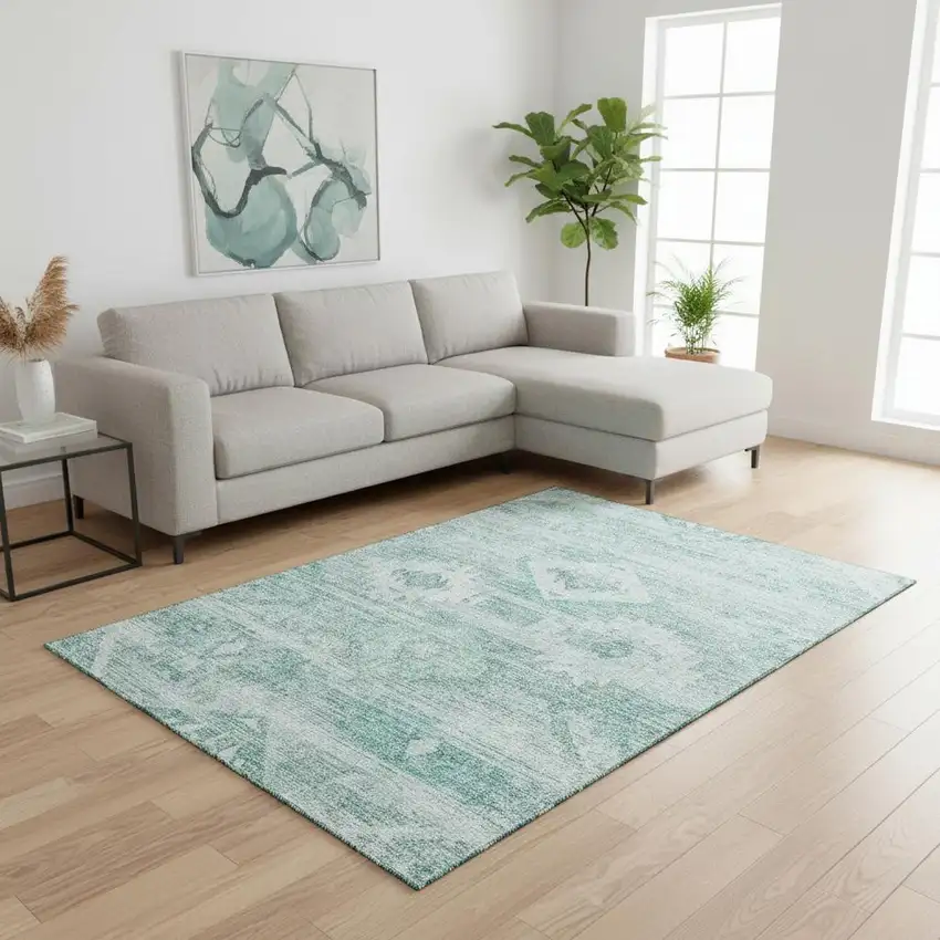 Aqua And Ivory Southwestern Washable Area Rug With UV Protection Photo 2