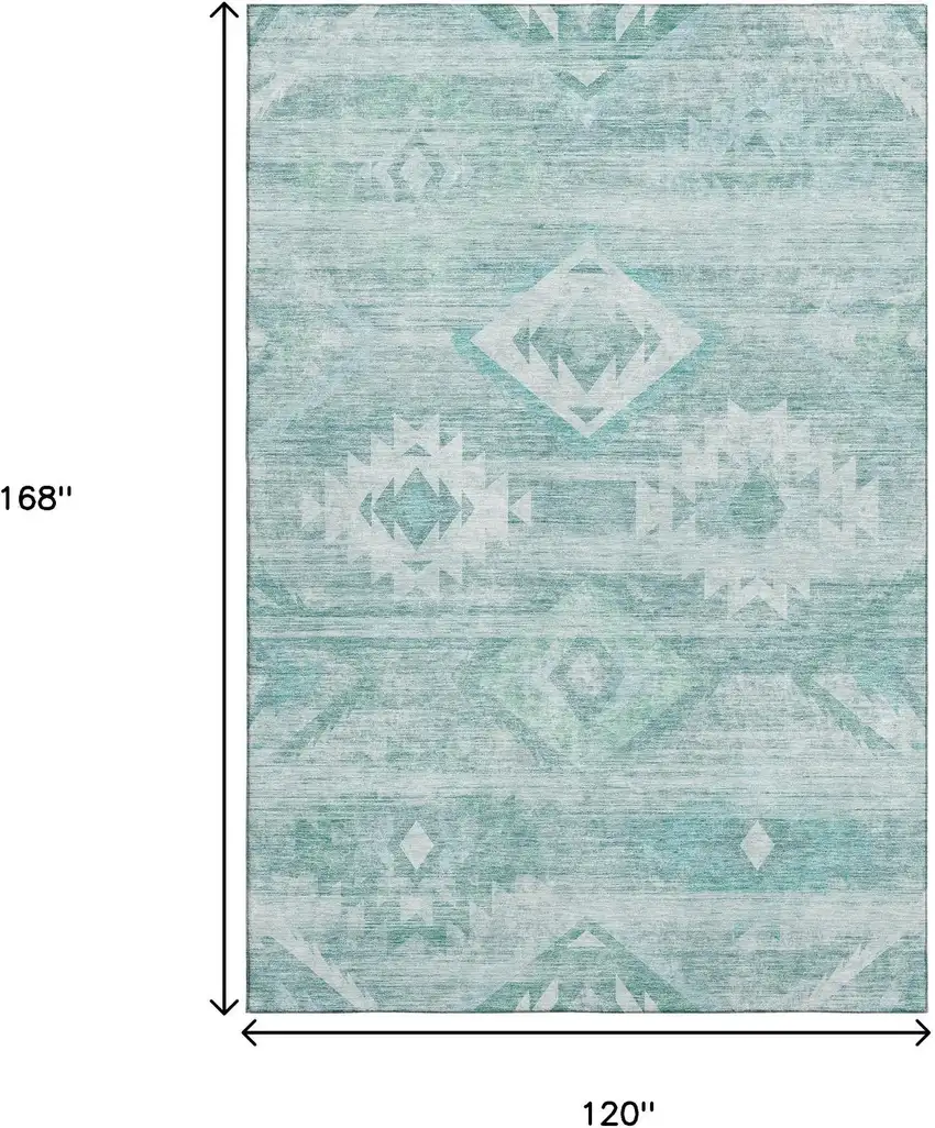 Aqua And Ivory Southwestern Washable Area Rug With UV Protection Photo 3