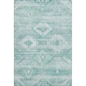 Photo of Aqua And Ivory Southwestern Washable Area Rug With UV Protection