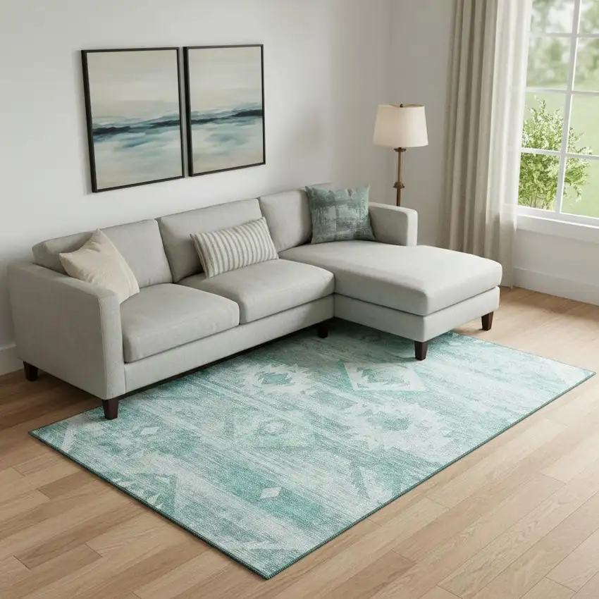 Aqua And Ivory Southwestern Washable Area Rug With UV Protection Photo 1