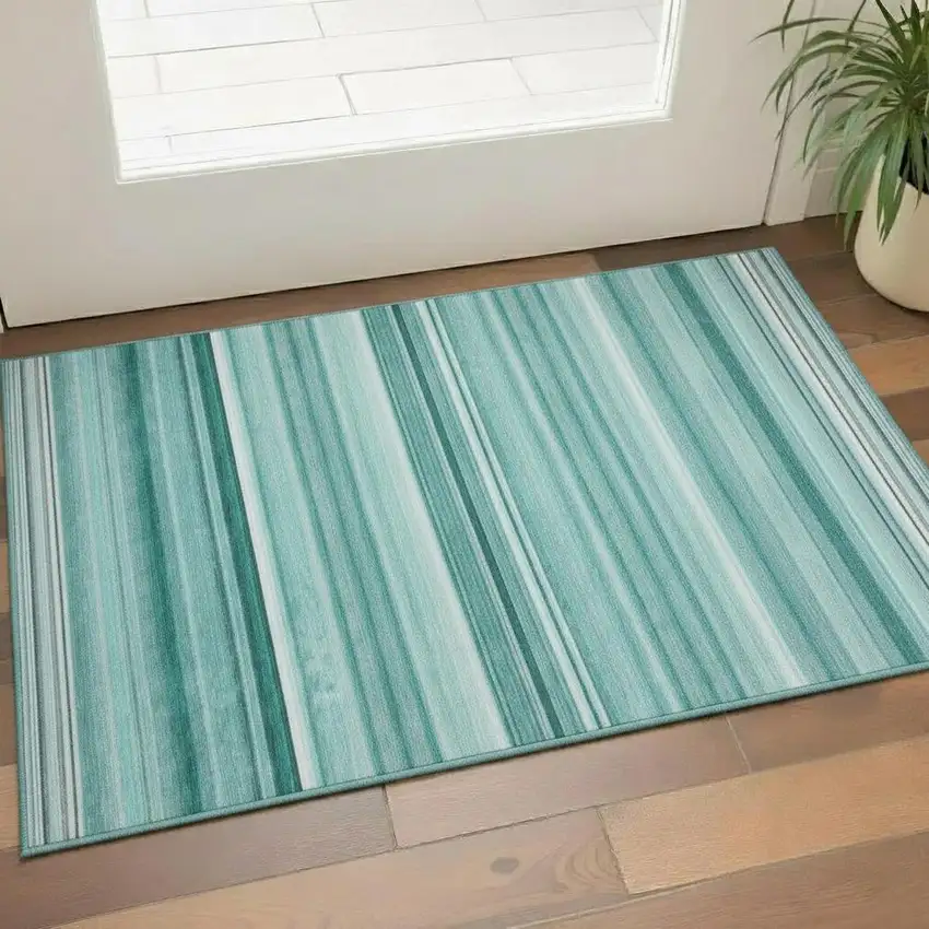 Aqua And Ivory Striped Washable Area Rug With UV Protection Photo 1