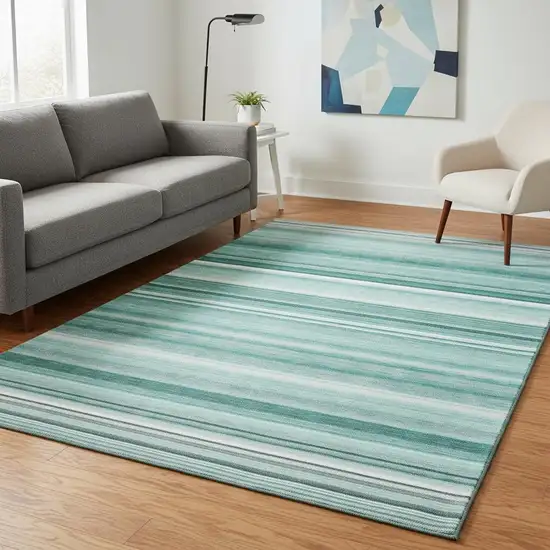 Aqua And Ivory Striped Washable Area Rug With UV Protection Photo 2