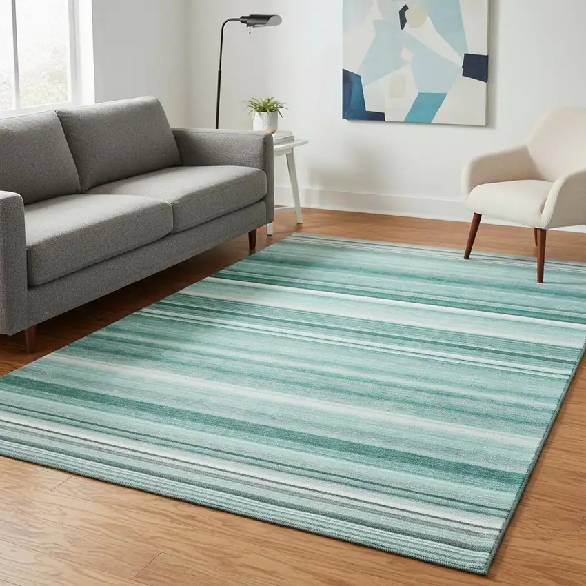 Aqua And Ivory Striped Washable Area Rug With UV Protection Photo 2