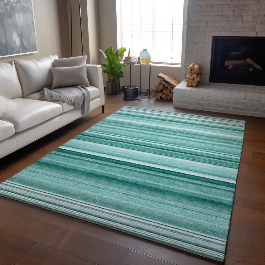 Aqua And Ivory Striped Washable Area Rug With UV Protection Photo 6