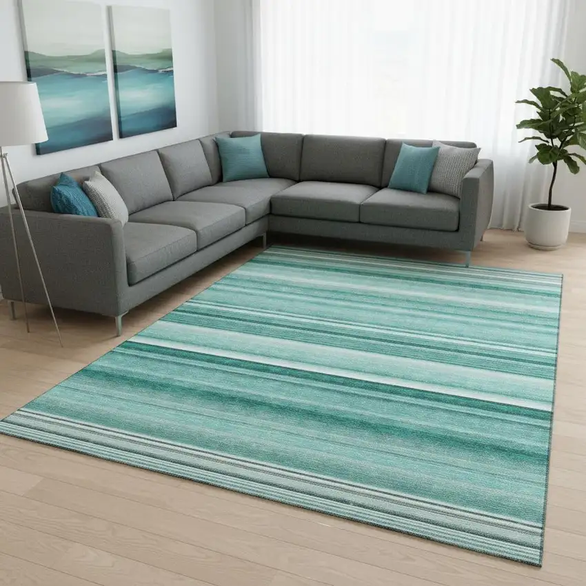 Aqua And Ivory Striped Washable Area Rug With UV Protection Photo 1