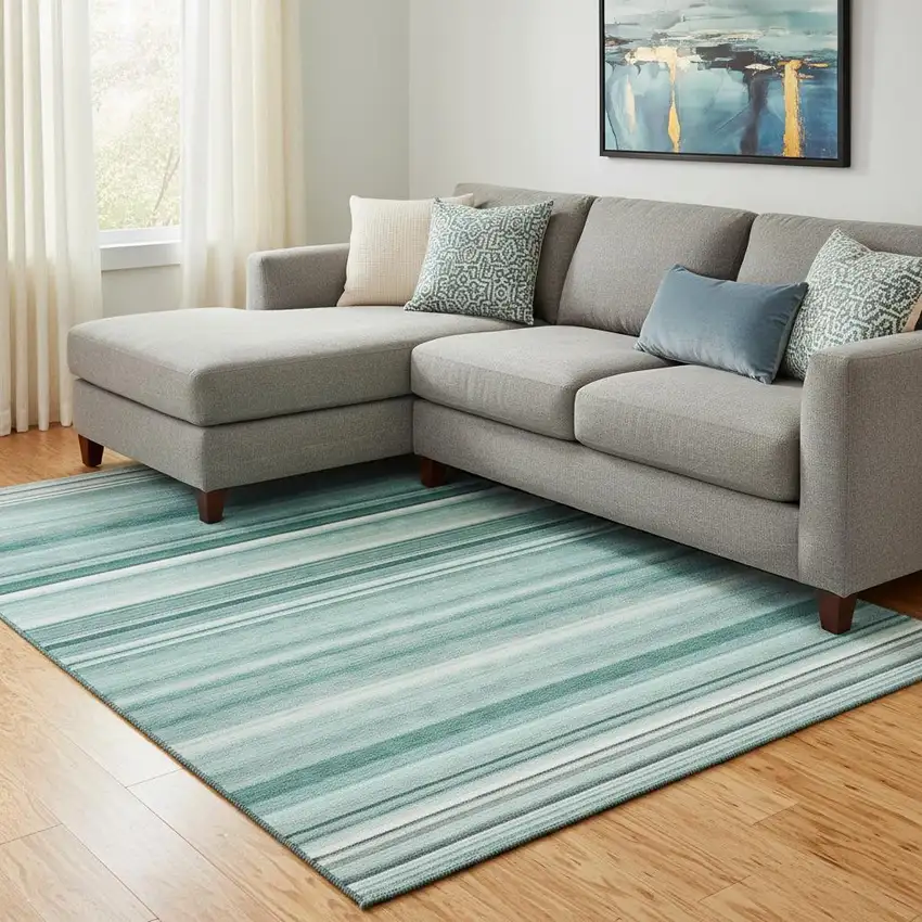 Aqua And Ivory Striped Washable Area Rug With UV Protection Photo 1