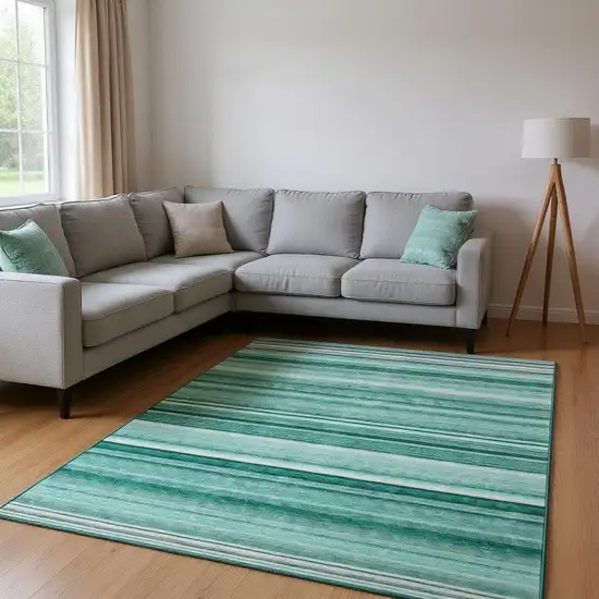 Aqua And Ivory Striped Washable Area Rug With UV Protection Photo 2