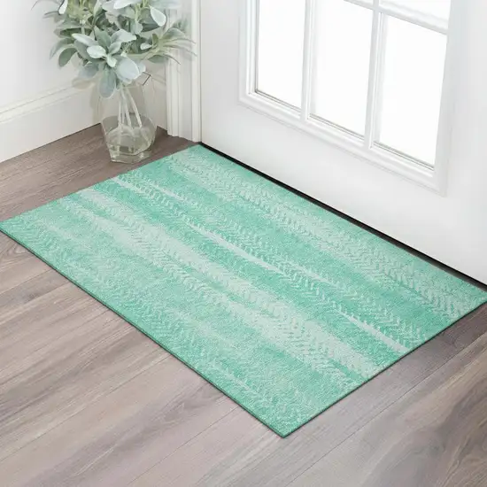 Aqua And Ivory Striped Washable Area Rug With UV Protection Photo 1