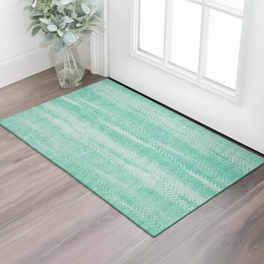 Aqua And Ivory Striped Washable Area Rug With UV Protection Photo 1