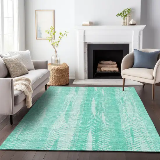 Aqua And Ivory Striped Washable Area Rug With UV Protection Photo 4