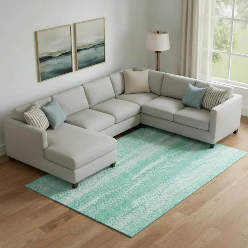 Aqua And Ivory Striped Washable Area Rug With UV Protection Photo 1